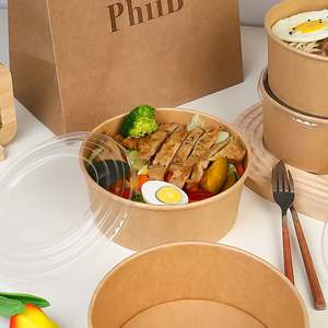 Bol à salade en papier kraft jetable, vente en gros de bols à déjeuner ronds en papier avec couvercles transparents - Product Image 1