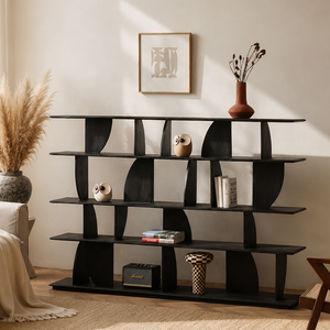 Libreria Moderna Nera in <span class=keywords><strong>Legno</strong></span> Massello, Scaffale Geometrico Grande Stile Wabi Sabi <span class=keywords><strong>per</strong></span> Soggiorno - Product Image 5