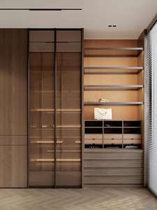 เฟอร์นิเจอร์ห้องนอนที่ทันสมัยระดับไฮเอนด์ตู้เสื้อผ้าไม้วีเนียร์เนื้อธรรมชาติเป็นมิตรกับสิ่งแวดล้อมพร้อมประตูกระจกโลหะไดโอดเรืองแสง - Product Image 4