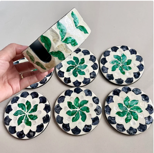Set of 6 Green Mother Pearl Inlay Round Coasters with Holder Bohemian Style Eco-Friendly <b>Table</b> <b>Protection</b> Mats & Pads Vietnam - Product Image 4