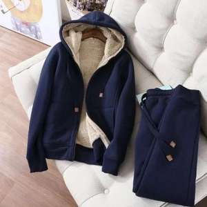 سترة قصيرة مبطنة سميكة وبسيطة بلون سادة وأكمام طويلة وقلنسوة رياضية نسائية وكاجوال طقم من قطعتين موضة سيهي - Product Image 2