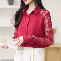 Chemise élégante à manches en dentelle de style occidental, hauts pour femmes, col rabattu vintage, chemisier en mousseline respirante pour femmes