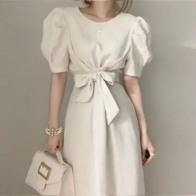 Korean design New Short Puff Sleeve Elegant Clothing elegant lace Up vintage Casual Dresses for women Wholesale as17