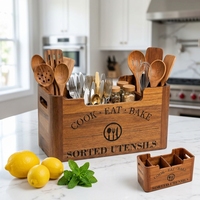 Porte-ustensiles de cuisine en bois d'acacia FSC, grand porte-ustensiles de cuisine en bois à 4 compartiments pour comptoir de style farmhouse