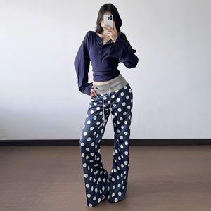 Pantalones Largos Rectos para Mujer con Bloques de Color y Estampado de Puntos, Cintura Elástica con Cordón, Ajuste Regular, Casuales y Relajados, 100% Algodón - Product Image 3