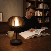 Lampe de table LED moderne en bois à lattes, 3 CCT, dimmable, sans fil, rechargeable, base en fer, pour salle à manger et chevet, ambiance lumineuse