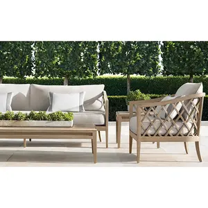 Yeni stil veranda bahçe setleri açık kanepe sağlam ahşap mobilya 2 koltuk 3 koltuk yıpranmış tik kanepe