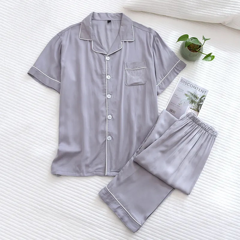 Manufacturers wholesale spring and summer cotton pajamas lapel short-sleeved shirt tulle pants loose home wear couple sets