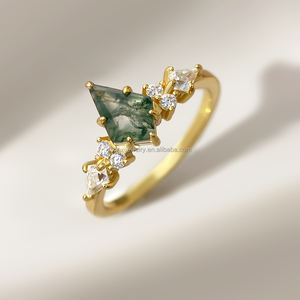 Vintage Style Fine Jewelry Brass Classic <b>Stack</b> <b>Ring</b> 18k Gold Plated Engagement Wedding Moss Agate <b>Rings</b> for Women - Product Image 2