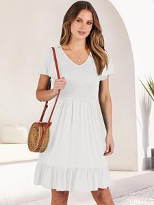 Vestido Casual de Verano para <span class=keywords><strong>Mujer</strong></span>, Color Sólido, Cuello en V, Manga Corta con Volantes, Estilo Fluido, Largo hasta la Rodilla, con Bolsillos, Elegante y Sencillo - Product Image 1