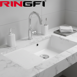 Lavabo Rettangolare in Ceramica Bianca da Incasso, Lavandino Profondo per Bagno, Lavabo Integrato per Balcone - Product Image 5