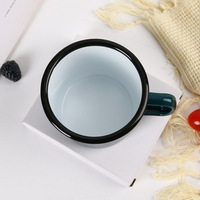 Mug en émail bleu de 350 ml avec points blancs, bord en acier inoxydable, logo par transfert thermique pour le café et le camping