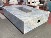 SH STONE Cheminée extérieure en marbre bleu océan Cristalita naturel personnalisée, chauffage de patio, couvercle de réservoir de propane, socle, table de foyer au gaz