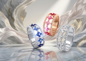 Anillo de banda ancha con pavé de diamantes y zafiros florales en oro blanco de 18 quilates, joyería de lujo para mujer - Product Image 5