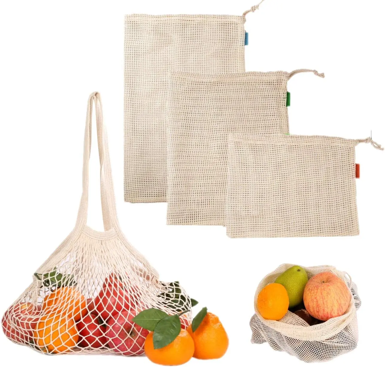 巾着メッシュプロデュースバッグとロゴ付き食料品収納ショッピング用の果物野菜巾着メッシュバッグ
