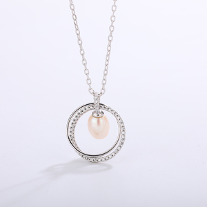 Dainty CZ Hoop Circle Pink Rice Freshwater Pearl Dangle Necklace <b>Silver</b> Plated Copper Jewelry Floating Pearl <b>Choker</b> Women - Product Image 2