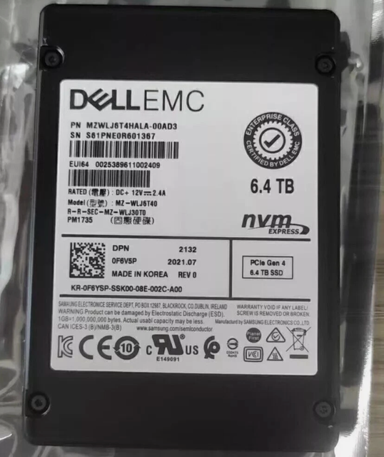 High Speed SSD for Dell EMC PM1735 6.4TB 2.5inch MZ-WLJ6T40 NVMe PCIe Gen4 MZWLJ6T4HALA-00AD3 Enterprise SSD Array Module