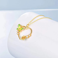 Collier pendentif coeur fleur zircon papillon en émail plaqué or en argent sterling S925