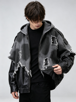 Veste personnalisable en patchwork brut effiloché, bicolore, délavée, zippée, à capuche, style grunge streetwear pour homme