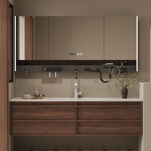 <span class=keywords><strong>Mueble</strong></span> de Baño Moderno Personalizado de Estilo Retro <span class=keywords><strong>con</strong></span> Encimera de Madera Maciza Color Café, Lavabo de Una Pieza Curvado en Caliente y Espejo - Product Image 6