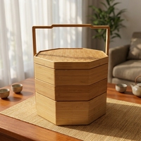 Panier de rangement alimentaire octogonal multifonctionnel en bambou vintage, écologique, à trois couches, avec poignée, tissé à la main, décoration d'intérieur, cadeau
