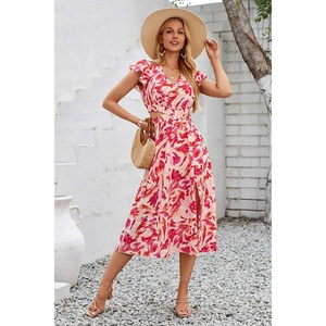 Estate nuova stagione stampa floreale rossa elegante bella stampa su tutta la stampa croce elastico ritagliato in vita da donna - Product Image 2