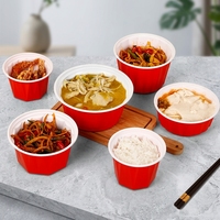 Bol jetable polyvalent en PP de qualité alimentaire, rouge et blanc, 1750 ml (59,2 oz), avec couvercle, idéal pour la maison, le bureau, les repas, la livraison de nourriture et les plats à emporter.