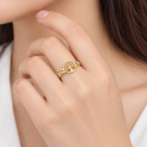 Bague en acier inoxydable plaqué or 14 carats sous vide avec motif arbre et zircon - Product Image 5