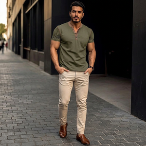 T-shirt Homme 2026 en Coton Uni à Manches Courtes, Col V Boutonné avec Poche, Style Vintage Décontracté, T-shirt Henry Logo pour Homme - Product Image 2