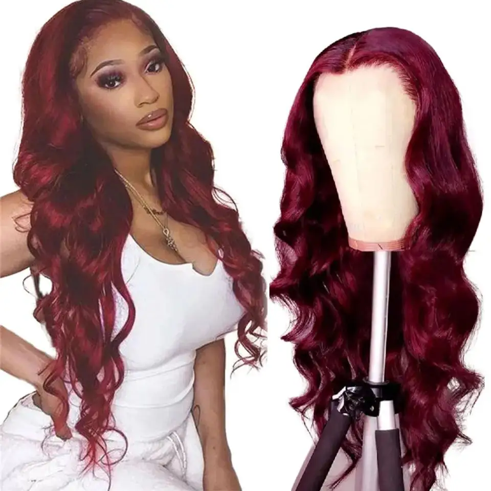 99J kırmızı şarap bordo renk preplucked dantel kapatma ve frontal siyah kadınlar için İnsan saçı peruk satıcı brezilyalı bakire saç peruk