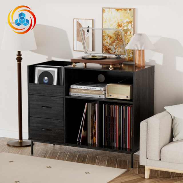 Large Capacity Vinyl Record Storage Cabinet Turntable Stand with Drawers Divided Shelves Multi-Storage Record Player Console