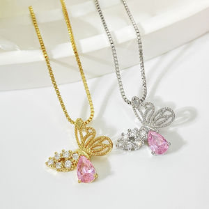 สร้อยคอรูปผีเสื้อหยดน้ำสีชมพูชุบทองเหลืองประดับเพชร CZ สำหรับผู้หญิง แฟชั่นทันสมัย ขายส่ง - Product Image 3
