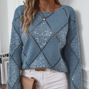 La ropa más popular Mujeres Cuello redondo Manga larga Moda Mujer Tops Tinsel Check Patrón Suéter de lujo - Product Image 4