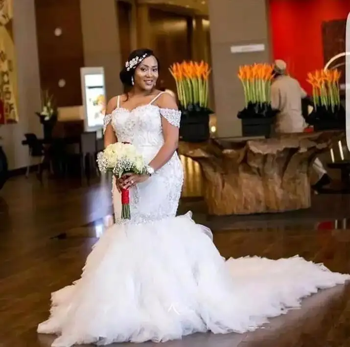 2021 Latest African Bridal sexy Sequins Bust Ruffles Skirt Long Train Mermaid wedding dress