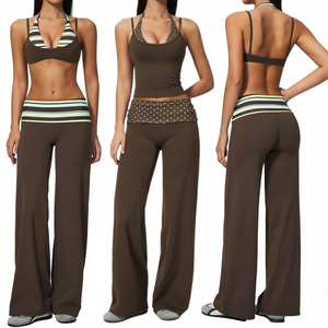 Conjunto de leggings de cintura doble plegable para mujer al por mayor, pantalones de pierna ancha con cintura a rayas marrones y top tipo sujetador, conjunto personalizado con estampado para mujer - Product Image 1