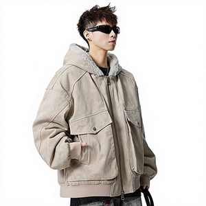 Men's Winter Coated Hooded <b>Jacket</b> Canvas <b>Fleece</b> <b>Lining</b> Zipper Casual Loose Fit Windproof Thick Solid Color Pattern Front - Product Image 1