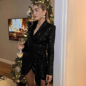Women's Sequin <b>Wrap</b> Dress V-Neck Long Sleeve <b>Black</b> Evening Dress With Tie Waist Fashion Party Dress - Product Image 2