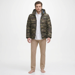 High Quality <b>Men's</b> Puffer <b>Jacket</b> Custom Logo Printed Winter Wear with Long Canvas and <b>Thin</b> Fabric Hood - Product Image 1