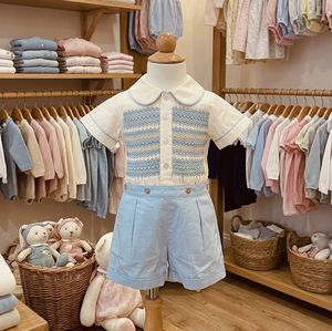 Combinaison courte classique pour bébé garçon, tenue à manches courtes avec col Peter Pan, vêtements de boutique pour bébé de style européen - Product Image 1