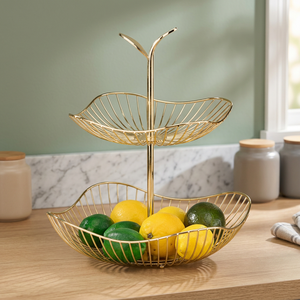 Panier à fruits double niveau en métal, panier de rangement rond, design moderne pour cuisine, type sur pied, conception soudée durable - Product Image 5