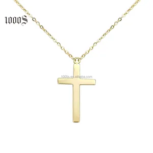 Colar de pingente clássico liso 9k 10k 14k, joia de cruz de ouro real para cristão
