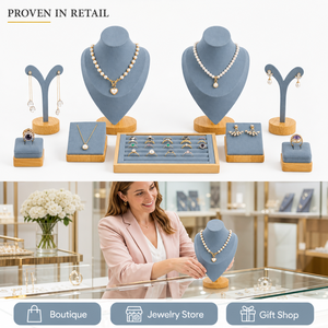 WEIMEI Présentoirs en bois et velours gris-bleu pour colliers, bagues et bijoux, idéaux pour boutiques, bijouteries et magasins de cadeaux - Ensemble de présentation de bijoux - Product Image 2
