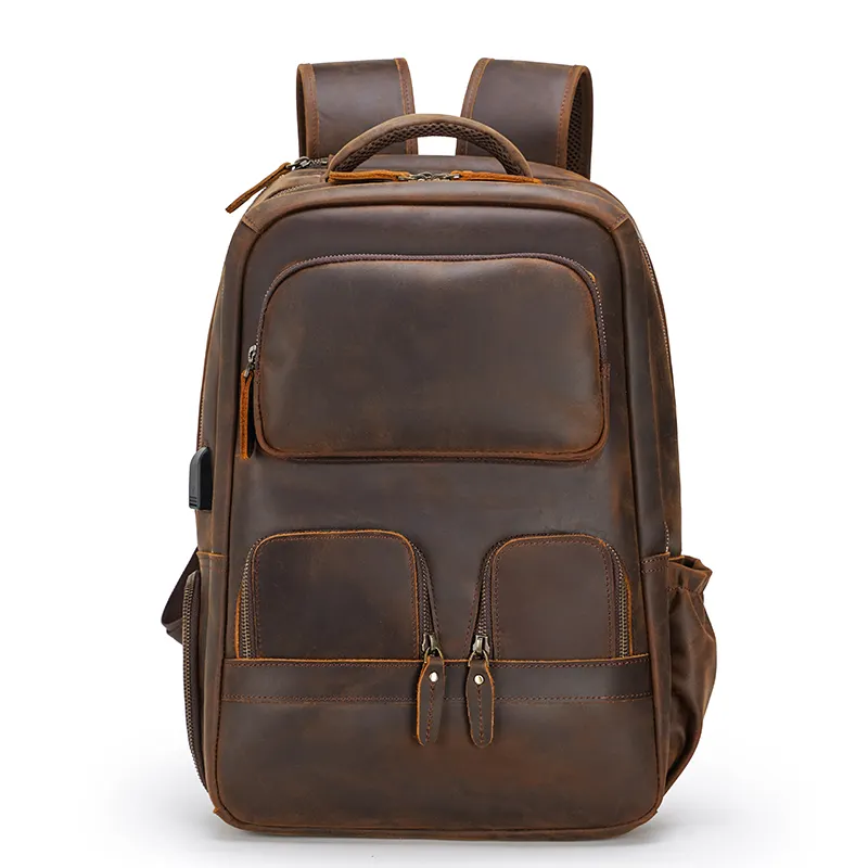 Vintage Pure Cowhide Laptop Computer Large Capacity Crazy Horse Cow Bag Men Custom Back Back Travel Genuine Leather Backpack