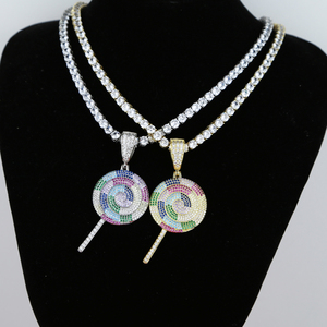 Charmant vert violet rose arc-en-ciel CZ <span class=keywords><strong>sucette</strong></span> pendentif Tennis chaîne <span class=keywords><strong>collier</strong></span> 16 "18" glacé gros sucre femmes bijoux - Product Image 5
