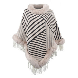 Pull en acrylique à col fourré, tricoté, chaud, coupe-vent, à rayures, avec franges, châle, cape, veste pour <span class=keywords><strong>femme</strong></span> - Product Image 4