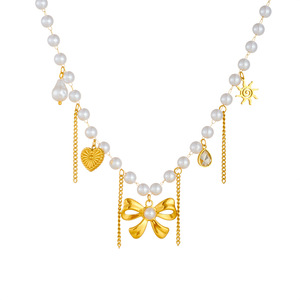 European American Style Pearl Bow Heart Sun Pendant Chain Beaded Women's Collarbone Necklace - Product Image 5