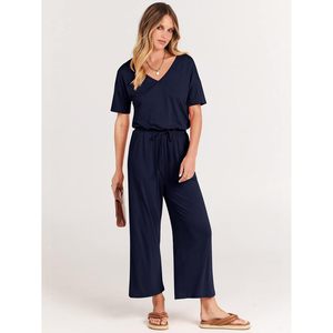 Combinaison courte décontractée d'été pour femme FOXA, manches courtes, col en V, taille élastique, jambes larges, avec poches - Product Image 3