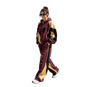 <b>Women's</b> Hooded Acid Wash Tracksuit Set Maroon Gold <b>Black</b> Color Blocking Streetwear Loose Fit <b>Shorts</b> with Side Pockets - Product Image 1