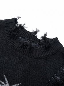 Pull en tricot noir gothique pour homme avec détails à franges, logo lettre sur le devant, coupe ample, col rond, vêtement d'hiver - Product Image 5