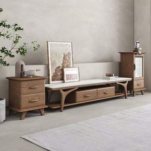 Mesa de centro y mueble para TV de madera maciza de estilo nórdico, combinación moderna minimalista de mármol y madera de fresno, juego de sala de estar con almacenamiento. - Product Image 3